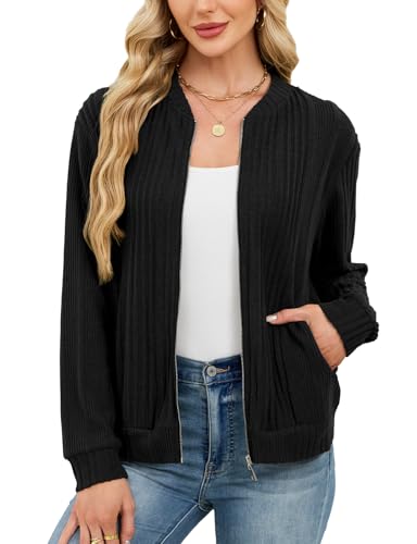 Viracy Women's Full Zip Up Cardigan Sweater Lightweight Casual Long Sleeve Jackets with Pockets, Black, XX-Large