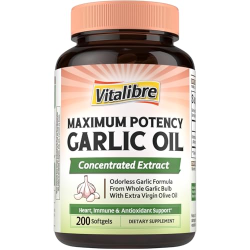 Vitalibre Odorless Garlic Oil Maximum Potency Concentrated Extract Non-GMO No Gluten Heart & Immunity Antioxidant Defense 200 Softgels