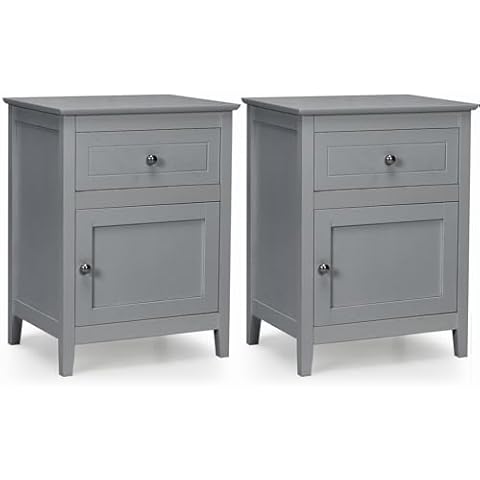 COSTWAY Grey Wooden Bedside Table with Drawer Cover