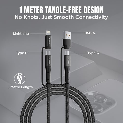 Image of Intex Speed Ultra 3.0 (4 -IN -1) USB-A, Type-C, & Lightning Ports, 60W /3A PD Fast Charging, 480Mbps Data Sync, 2 Swappable Heads, braided Cable Tie - Black