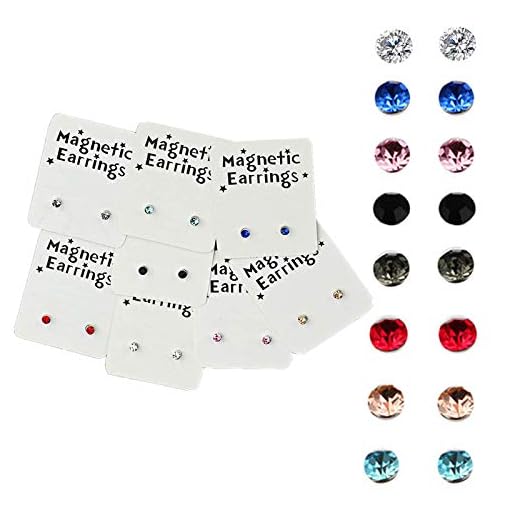 Emivery 3mm Crystal Magnetic Stud Earring Magnet Nose Ear Lip Stud Non Piercing Tragus Nose Stud 8 Pairs/Pack (8 Pairs Multi)