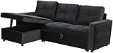 IBERA HOME Sofá Cama Chaise Longue BOGA 3 Plazas Negro Terciopelo 215 x 135 cm - Cheslong Reversible con Arcón y Almacenamiento - Sistema de Arrastre - Tapizado Elegante - Armazón Pino Macizo - Salón