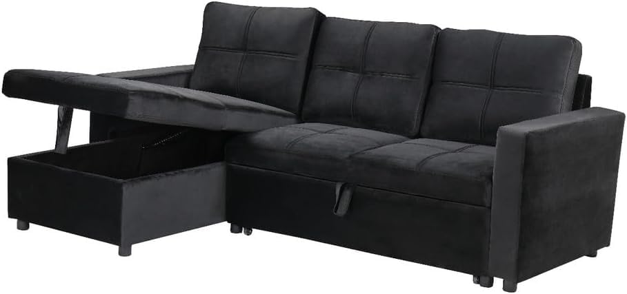 IBERA HOME Sofá Cama Chaise Longue BOGA 3 Plazas Negro Terciopelo 215 x 135 cm - Cheslong Reversible con Arcón y Almacenamiento - Sistema de Arrastre - Tapizado Elegante - Armazón Pino Macizo - Salón