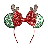 JIAHANG Green Mouse Ear Hair Bow Headband with Antler, Sequins Glittering Christmas Festival Party Fashion Photography Headwear for Women Girls