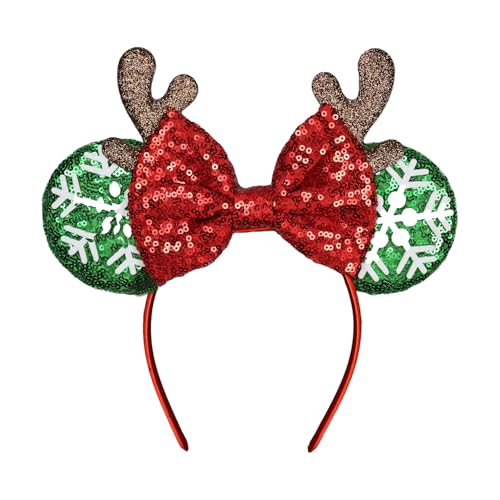 JIAHANG Green Mouse Ear Hair Bow Headband with Antler, Sequins Glittering Christmas Festival Party Fashion Photography Headwear for Women Girls