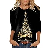 Weihnachtspullover Damen, Shirt Damen 3/4 Arm Damen T-Shirt 3/4 Arm Oberteile Tops Bunte Blumenmuster Druck Tunika Shirt Lose Rundhals Sommershirts Mode Damenblusen Langarm Blumen Bluse Tshirt
