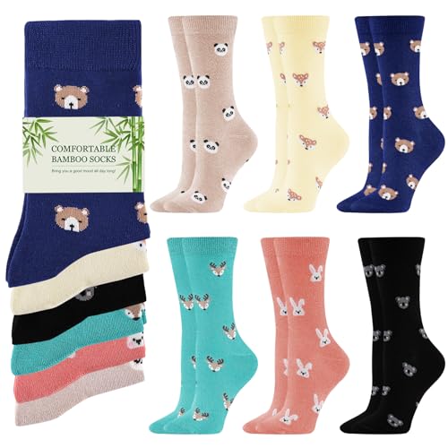 Stoeury Womens Bamboo Socks, Ladies Breathable Soft Animal Socks, Comfortable Seamless Crew Sock Dress Sock Valentines Gifts for Her Wife Mum Daughter 6 Pairs, 4-8