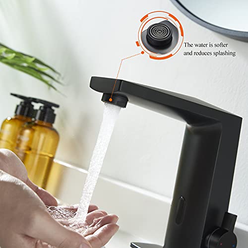 Automatic Sensor Touchless Bathroom Sink Faucet with Hole Cover Plate, Chrome Vanity Faucets, Hands-Free Bathroom Water Tap with Control Box and Temperature Mixer, Easy Installation (Black)