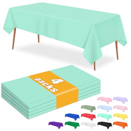 RuiYok 4 Pcs Mint Green Tablecloth 54 X 108 Inch Disposable Plastic Table Cloth Waterproof Light Green Table Cover for Boy Birthday Party Baby Shower Summer Picnic Party Decorations