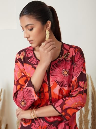 Lookmark Women's 3/4 Sleeve Floral Printed Kurti Pant Set, Cotton Blend, Knee Length, Stylish Ethnic Outfit, Office, And Casual Occasions (Az-Lm-Og1-Ks2168-S) Red