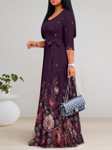 Image of PinkPatty Plus Size Maxi Dress for Women Casual V Neck 3 /4 Sleeve Boho Printed Long Dress with Pockets