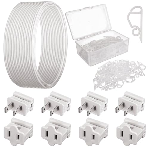109 Pcs 50FT SPT-2 Electrical Wire, Female Male Plugs, Light Clips, White
