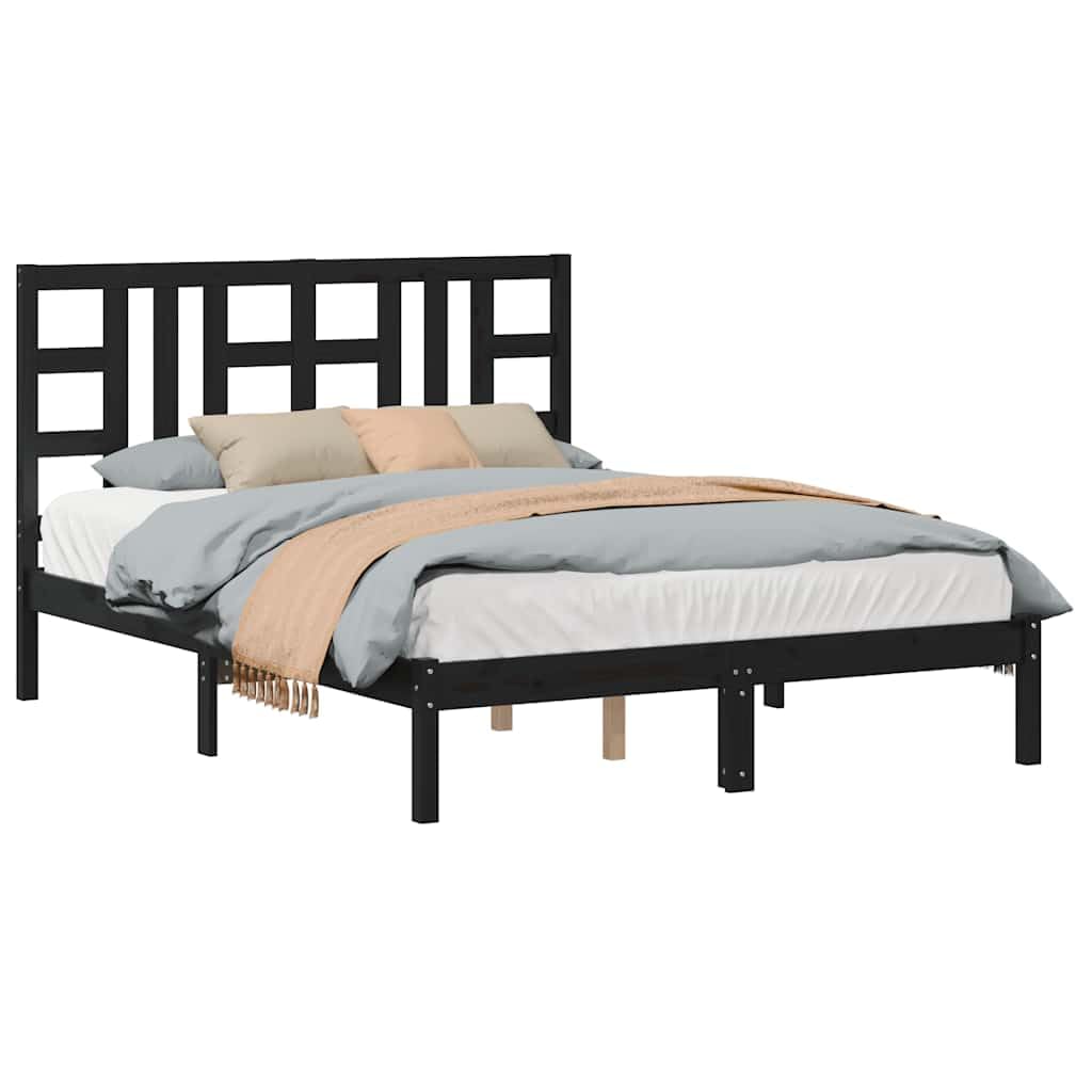 Lite drewno sosnowe Klasyczna rama z listwami Czarny 140x190 cm | Rama łóżka czarna lite drewno sosnowe 140x190 cm z zagłówkiem do sypialni