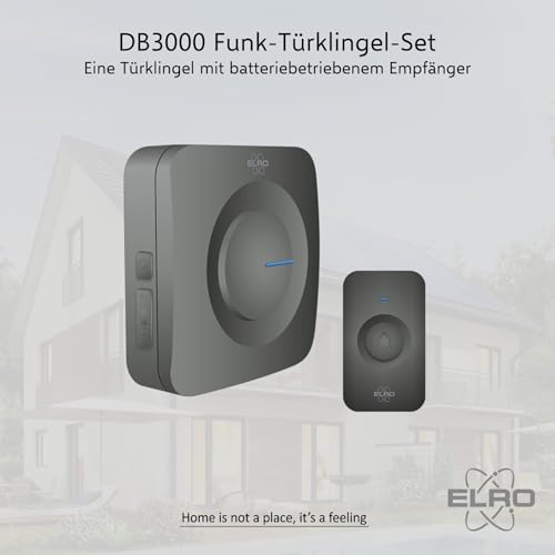 ELRO DB3000-P1C1B Funk Türklingel Set Tragbare Empfänger mit Batterie-Wasserdicht, 100m Reichweite, 64 Melodien-Schwarz