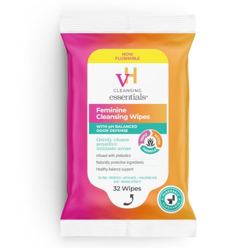 vH essentials Flushable Feminine Cleansing Wipes 32 ct. pH Balanced Prebiotics Tea Tree & Aloe Soothing Witch Hazel Odor-Blocking Formula Paraben Alcohol and Fragrance-Free
