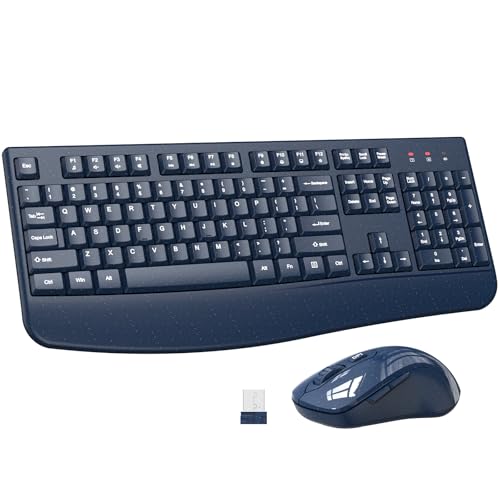 Wireless Keyboard and Mouse Combo, ULSOU 2.4G Full-Sized Ergonomic Computer Keyboard with Wrist Rest and 3 Level DPI Adjustable Wireless Mouse for Windows, Mac OS Desktop/Laptop/PC(Blue)