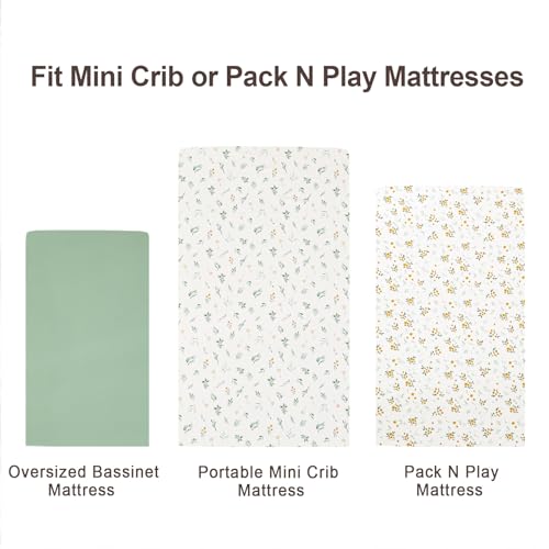 Image of david's kids 3 Pack Mini Crib Sheets, Soft Breathable Premium Pack N Play Sheets for Baby Boys Girls Neutral, Playard and Mini Crib Mattresses, Leaf & Floral