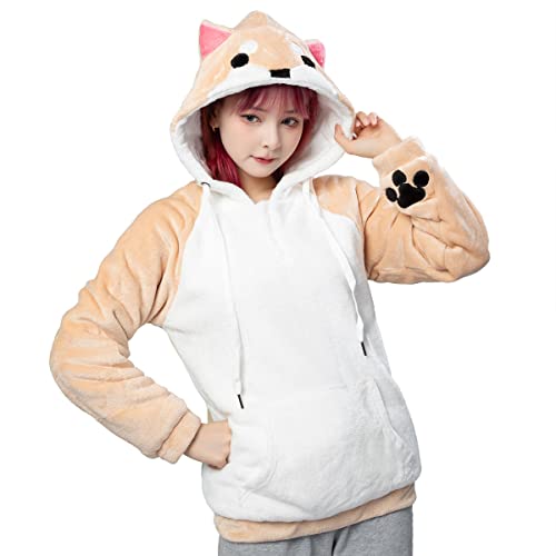 Cosfun Cute Shiba Inu Husky Hoodie Coral Velvet Sweatshirt Upgrade Ver.mp006146 (Large, Brown) #TOP8