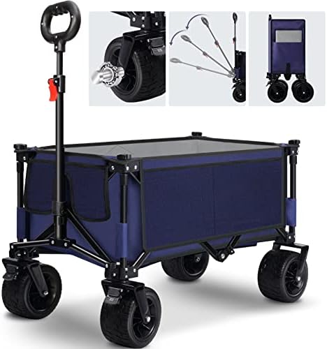 FEAHRZEUG Collapsible Beach Trolley Cart,Folding All Terrain Wide Wheels With Brakes Heavy Duty Large Capacity Adjustable Handle Camping Trolley For Festival Garden Picnic Shopping