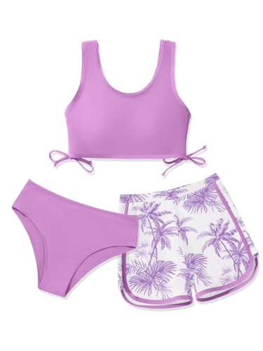 Image of Girl's 3 Piece Bikini Bathing Suit Printed Sport Swimsuits with Shorts Cove Up Sets Teen Girl's Swimwear