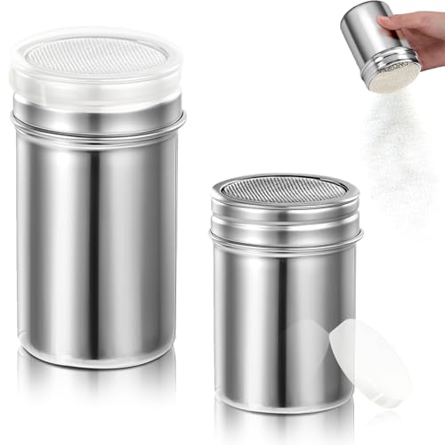 Icing Sugar Shaker, Chocolate Shaker for Cappuccino, 12.5oz and 9oz Stainless Steel Chocolate Powder Shaker, Flour Shaker for Kitchen Restaurant and Camping