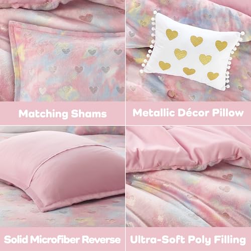 Image of Intelligent Design Queen Comforter Set, 4 Piece Metallic Hearts Bedroom Set for Girls, Queen Bed Set Soft Plush Comforter, Rosalie All Season Fluffy Bedding Set, Full /Queen, Pink Multi /Gold 4 Piece