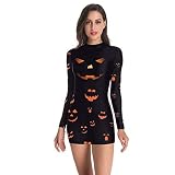 Cardith Robe d'halloween, Épaule Froide Impression de Taches de Sang Squelette Punk Robe Femme A Manches Longues
