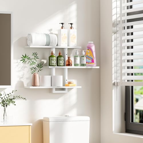 Image of Homode Floating Shelves, Set of 3 Wooden Hanging Shelves for Bathroom and Bedroom Storage, Decorative Wall-Mounted Display Shelf for Plants, Books, Pictures, White