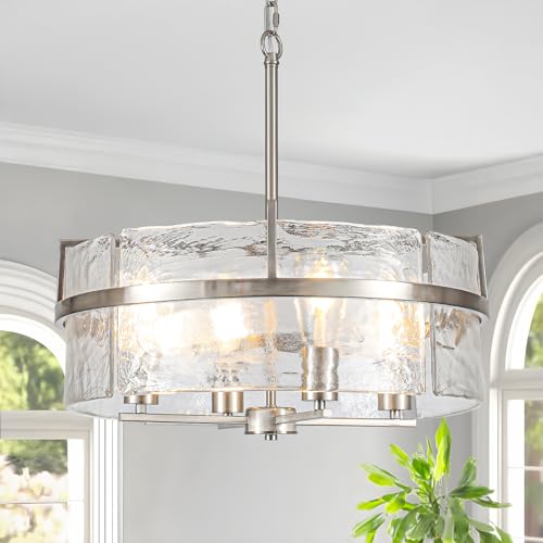 DWLGIGH Modern Drum Chandeliers for Dining Room,19.7" Water Ripple Glass