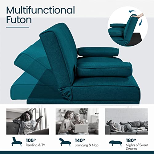 Yaheetech Linen Fabric Modern Sofa Bed Futon Couch Bed Folding Recliner Sleeper Reversible Loveseat Convertible Daybed, 2 Cup Holders, 3 Angles, 772Lb Capacity, Removable Armrests, Aqua Blue #TOP5