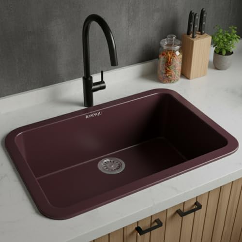 Image of BASINQU Quartz Sink for Kitchen | 24x18x9 Inches Brown Single Bowl Sink For Kitchen Basin Round Corner Kitchen Sink | Granite UV Protected Scratch Resistant, Undermount /Topmount Kitchen Sinks