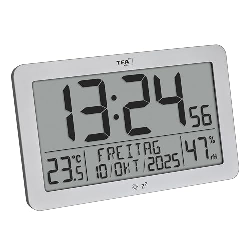 TFA Dostmann Digitale Funk-Wanduhr mit Raumklima, 60.2568.54, Datum und Wochentag, Wecker mit Snooze, Funkuhr, Tischuhr mit Luftfeuchtigkeit und Temperatur innen, gut ablesbar, Silber