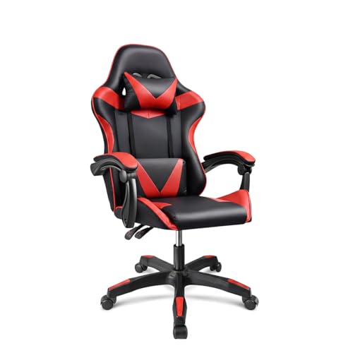 duehome | Silla Gaming Ergonómica Reclinable con Cojín Lumbar y Cervical, Ruedas 360°, Modelo Viper, Acabado en Negro y Rojo, Medidas: 56 cm (Ancho) x 53 cm (Largo) x 117-128 cm (Alto)