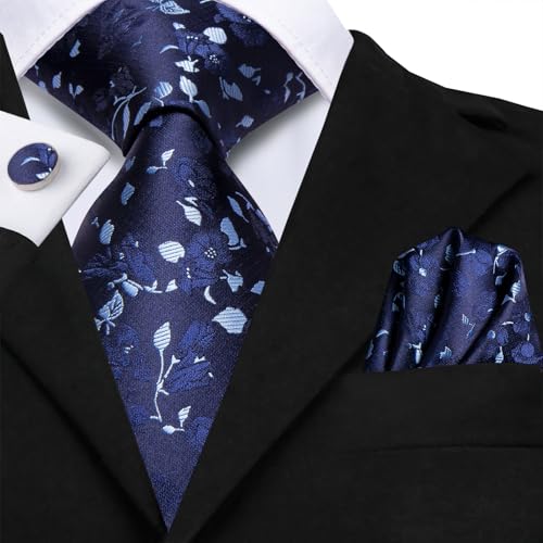 Image of Dubulle Mens Navy Blue Floral Paisley Striped Tie and Handkerchief Cufflinks Tie Set for Men Wedding Business Formal