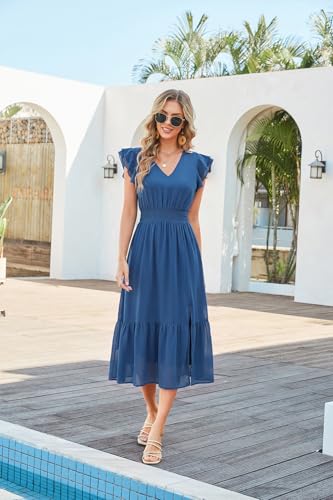 Image of GRACE KARIN 2026 Womens Summer Dresses V Neck Ruffle Sleeve Floral Boho Beach Dress A-Line Swing Midi Wedding Guest Sundress