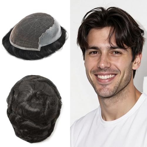 Hair Wonders Toupee For Men Real Human Hair System For Men Swiss Lace Mens Toupee Lace Hair Piece For Mens Hair System Bleached Knot Natural Hairline 1B# OFF BLACK 7x9 120% density