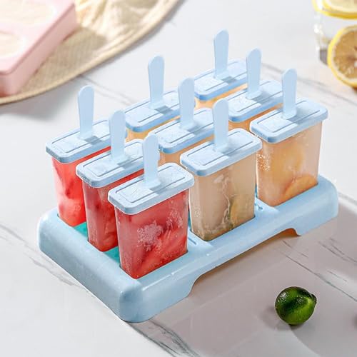 Traxenta 9 Stück eisformen eis am stiel, eisform, wassereis formen, eisstiele wiederverwendbar, popsicle holder, stieleisformen, eisförmchen, ice cream mold mit Silikontrichter Und Reinigungsbürste