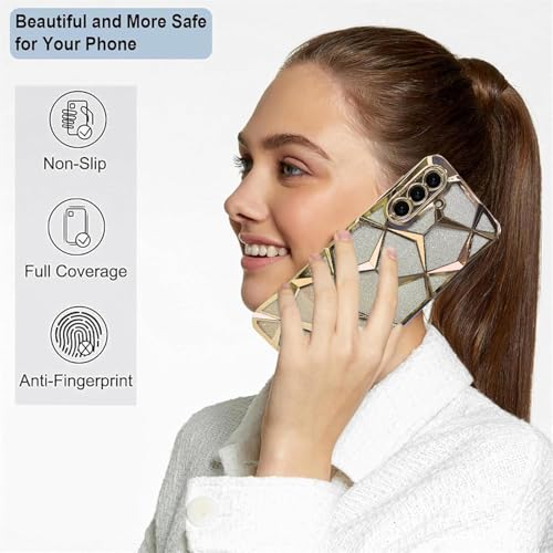 Image of VONZEE Gradient Glitter Case for Samsung A36, Luxury Electroplated 3D Cube, Diamond Bling Shiny Soft TPU Clear Shockproof Women Girls Protective Phone Cover (Gold)