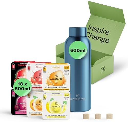 waterdrop® Starter Set - 600ml Trinkflasche mit Geschmack inkl. 18 zuckerfreie Drops - Geschenk für Frauen - Probierpaket mit Wasserflasche & Drops - Edelstahl Trinkflasche Kohlens