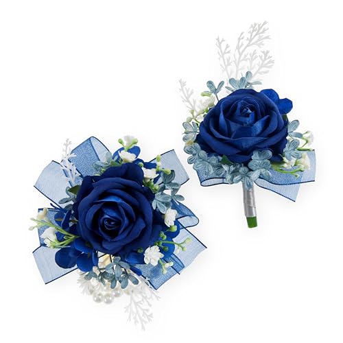 Sahoottie 2 Pcs Blue Wrist Corsage and Boutonniere Set