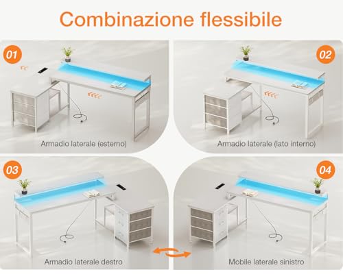 Scrivania Angolare con Cassetti, 174x100cm Scrivania Gaming a L con LED e Porta USB e Presa di Corrente, Scrivania per Ufficio con Ripiano, Scrivania ad Angolo per Computer, Bianca - Sedia gaming - Immagine 5