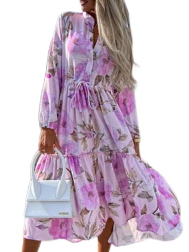 RODASON Sommerkleider Für Damen Mit V Ausschnitt Kurzen Ärmeln Lässigem Rüschensaum Fließendem Swing Minikleid Strandkleider mit Blumenmuster Cover