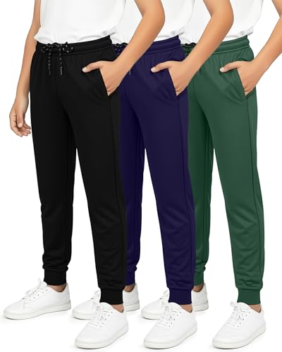 Real Essentials 3 Pack: Boy's Mesh Jogger Sweatpants - Youth Kids Baseball Football Athletic Pants with Pockets