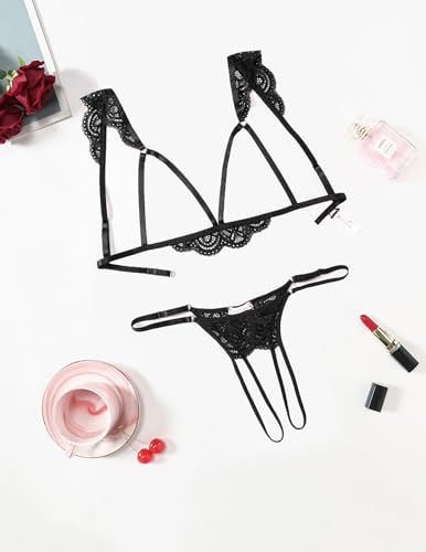 Avidlove Lingerie for Women Sexy Bra and Panty Sets Floral Lace Cutout Lingerie Set 2 Piece Outfits Black — view 3