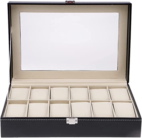 SKY-TOUCH 12 grid watch boxPU Leather Watch Case Watch Box for Men and WomenWatch Display Case with Glass Lids and Removable PillowWatch Display Storage Box as Gift for Valentines Day Birthday