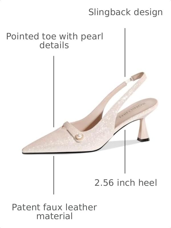Image of Women Kitten Heels Slingback Low Heel Pumps Dress Shoes for Women Closed Pointed Toe Pearl Heels for Work Wedding Bridal