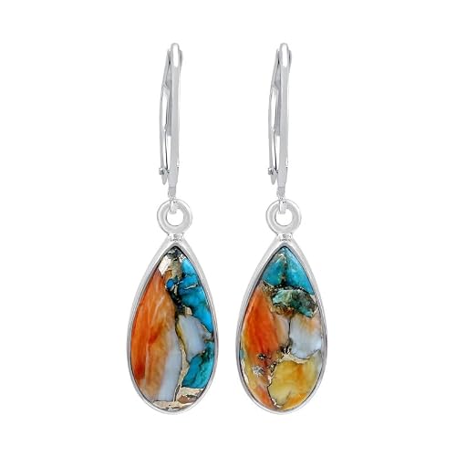 Image of Natural Oyster Copper Turquoise Dangle Earrings for Women - 925 Sterling Silver Leverback Handmade Earrings - December Birthstone Silver Handmade Jewelry - Valentine's Day Gift for Her