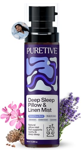 Image of PURETIVE Deep Sleep Pillow Mist | Sleep Mist | Body+Linen+Room | 100% Pure with Essential Oil | Reduce Tension & Restless Sleep | Promotes Restful & rejuvenating sleep | 100ml