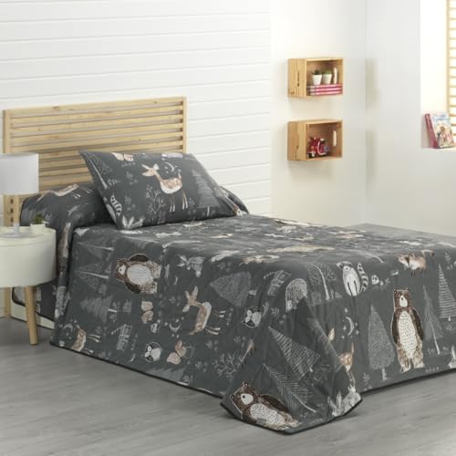 DHESTIA HOME - Colcha Bouti Infantil Cama 90 y Cama 105 Patrón Cosido Forest Color Gris Talla Cama 90/105