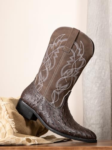 Image of Western cowboy boots, ostrich leather, embroidered design, brown, mid-calf, men's antique ostrich embossed exotic western boots round head.